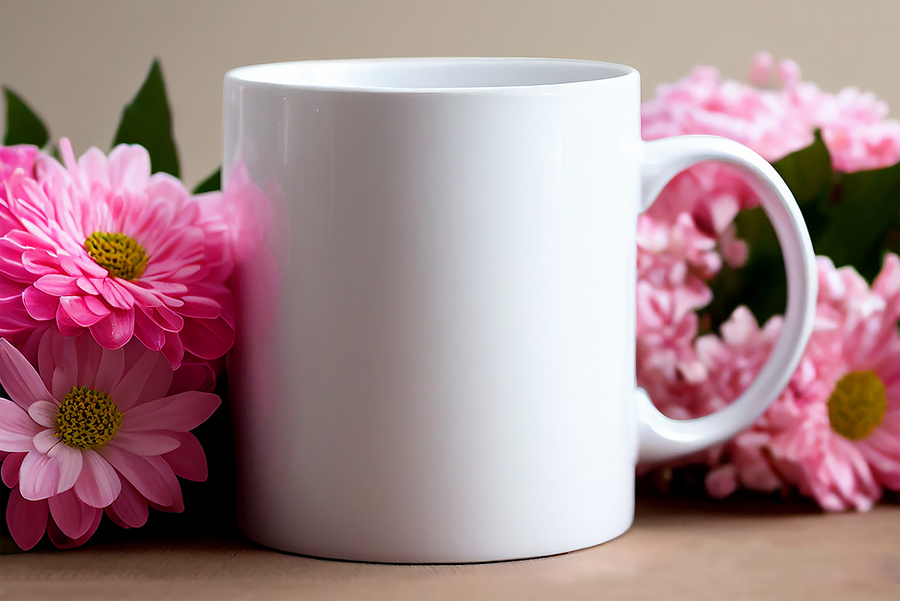 White Mug Mockup with Pink Flowers
